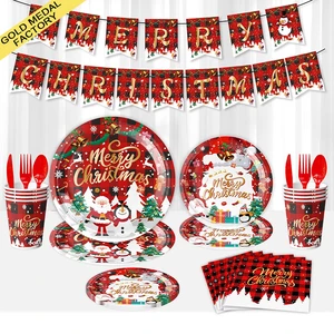 Christmas Tableware Set Disposable Santa Claus Paper Plates Cups Napkins Tablecloths Vajilla Navidad Talheres Natal Party Decor