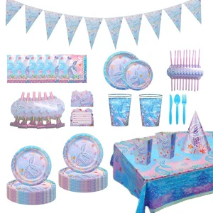Summer Ocean Mermaid Themed Disposable Paper Plate and Knife Fork Spoon Set Tableware Decorations for Party