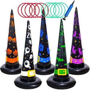 Premium Halloween 5PK Inflatable Witch Hat Ring Toss Game Set for Kids & Adults Party Novelties & Decorations with Air Pump