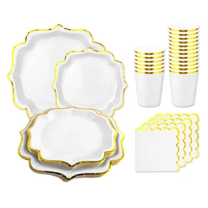 For Stock White Gold Foil Four-cornered Lace Party Supplies Set Disposable Tableware Paper Plate Paper Cup Napkin TT0002 None