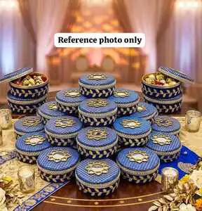 Decorative Blue Brocade Steel Mithai Box Candy Container Diwali Wedding Ramadan Birthday Party Favors Dry Fruit Gift Packaging