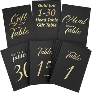Black Table Numbers Seating Cardstock Signs Black with Gold Letters Event Stylish Decor for Wedding Banquet, Party, Restaurant