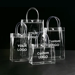 Reusable Transparent PVC Gift Tote Bag With Handle Custom Logo Waterproof Clear Shopping Packaging Bag For Retail Events Display