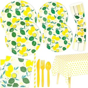 Custom Summer Lemon Theme Disposable Dinnerware Set Party Decorations Paper Plate Napkin Cup Tablecloth Tableware Party Supplies