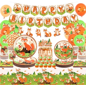 Fox Birthday Party Disposable Tableware Set Plates Cups Napkins Straws Banners Garland Cake Toppers Balloons Tablecloth Supplies