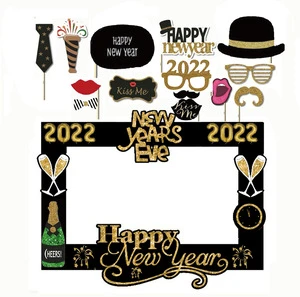 2022 Happy New Year Photo Booth Props New Year Photo Booth Frame Selfie Booth Props for Funny New Year Party Decorations