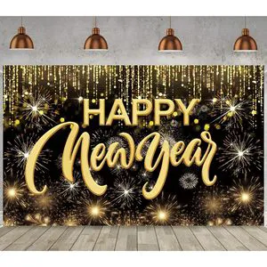 Extra Large Happy New Year Fabric Sign Poster Firework Pattern Hanging Banner for Party Decorations