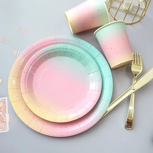 Happy Birthday Children Kids Party Tableware Table Decoration Disposable Gradient Plastic Paper Plate Cup Tableware Set