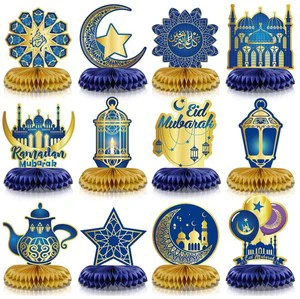 Blue&Gold Ramadan/Eid Mubarak Honeycomb Star Moon Lantern Table Topper Supplies for Eid Al Fitr Party Muslim Holiday Favor Decor