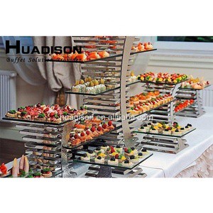 Huadison Buffet Equipment Stainless Steel Hammered Buffet Risers Cake Stand Set Luxury Buffet Food Display Rack