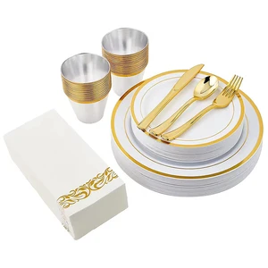 Custom Gold/Silver/Rose Gold Disposable Plastic Plate Sets and Tableware Cutlery for Weddings and Parties