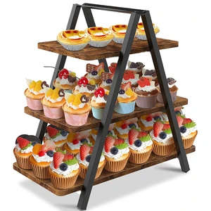 3-Layer Country Brown Wooden Dessert Table Display Stand Farmhouse Style Paper Cup Cake Stand For Family Parties & Decorations