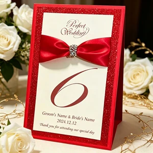 DigitalInk Custom Red Glitter Wedding Table Number Card Satin Bow Crystal Rhinestone Personalized Name Date Reception Marker
