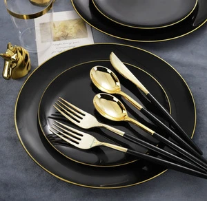 Plastic Event Party Plates Plastic Tableware Set Wedding Dishes Plastic Dinnerware Set Black Plastic Plates with Gold Rim