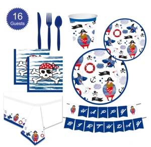 Pirate Theme Party Supplies 114 Piece Tableware Set for 16 for Boys' & First Birthday Parties & Table Decorations