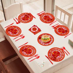 Happy Chinese New Year Holiday Party Eco-Friendly Disposable Round Paper Tableware Set for Table Decoration Customized Supplies