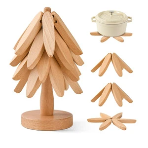 Customized 4 Beech Wooden Tree Trivet 1 Stand Christmas Tree Shape Wood Decorative Coaster For Hot Pots