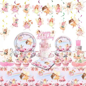 Custom Pink Flower fairy Theme Children's Birthday Party Disposable Tableware Paper Cup Knife Fork for Birthday Decoration Set