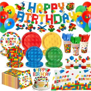 Disposable Paper Dinnerware Set for Birthday Party-Plates Cups Napkins Cutlery Flag Swirls Cake Toppers Cartoon Design