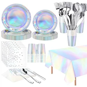 Modern Style Laser Iridescent Silver Disposable Tableware Set for Wedding Decoration and Arrangement Includes Paper Tray Cup