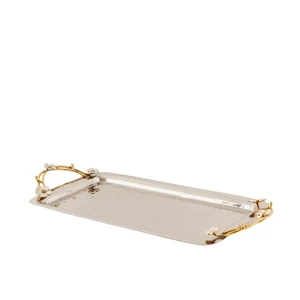 Modern Decorative Metal Serving Tray Hammered Finish Flower Accents Rectangular Handles Lightweight for Home Hotel Wedding Use