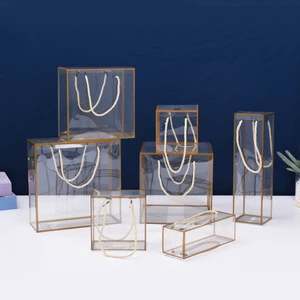 Recycled Materials Clear Plastic PVC Gift Storage Bag With Rope Handle PET Folded Transparent Wine Box For Bouquets Flower Toys