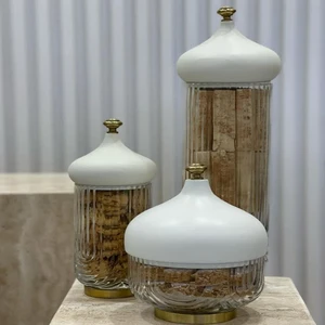 Sets Of 3 Glass Material With Metal Lids Round Shape White Finish Food Storage Canister Holiday Supplies Ramadan Supplies