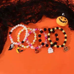 New Arrival Trendy Wholesale Personalized Halloween Bracelet with Ghost Black Cat Witch Customizable Fashion Bead Bracelet