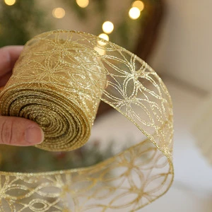 2025 Gold Merry Christmas Ribbons Roll Xmas Tree Decoration Printed Christmas Tree Ribbon 6.3CM Gold Christmas Ribbons