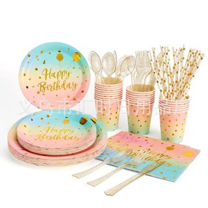 Disposable Japanese Tableware 10 Guests Happy Birthday Plates Napkin Cups Table Decoration Birthday Tableware Set Paper Plate