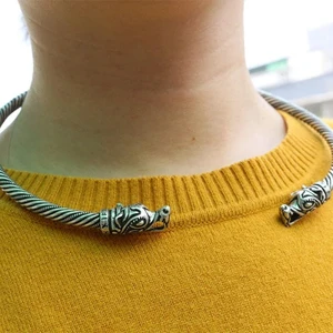 viking wolf bracelet Viking Wolf Head Fenrir Torc Neck Ring Ragnar Handmade Heavy Twisted Brass Wire Pagan Norse