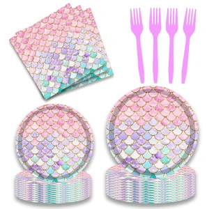 Mermaid Series Paper Straws Cup Plate Set Kid Table Decoration for Wedding Birthday Party Supplies Mermaid Disposable Tableware