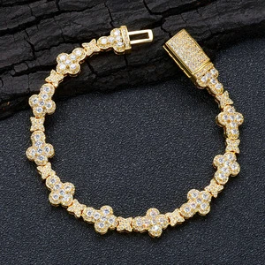NUOYA 10MM Cross Flower Chain Bracelet 18K Gold Plated Micro Pave CZ Diamond Iced Out Hip Hop Fashion Jewelry Gift