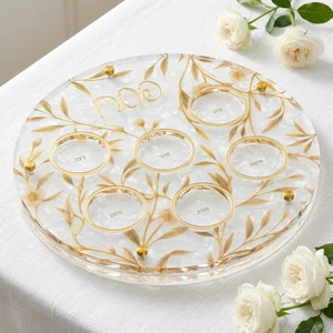 Transparent Circular Acrylic Tray, Passover Meal Tray, Gold Floral Print, Jewish Ritual Tray, Holiday Tableware Tray, Wholesale