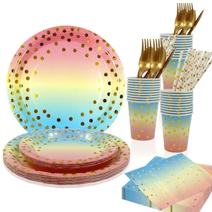 Hot Stamping Disposable Tableware Set for Birthday Parties Paper Plate Cup Napkin Cutlery & Table Decorations