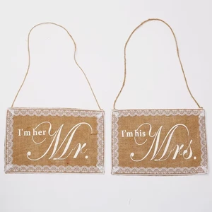 Natural Jute Burlap Wedding Chair Banner with White Lace Chair Decoration Banner Signs Mr. and Mrs. for Bridal Directional Signs