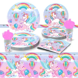 Rainbow Unicorn Disposable Tableware Paper Plate Cup Tablecloth Girls Unicorn Theme Birthday Party Decoration Supplies K2125