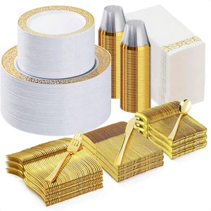 700-Piece Gold Plastic Disposable Dinnerware Set For 100 Guests Includes Dinner Dessert Plates Cups Napkins-BPA-Free