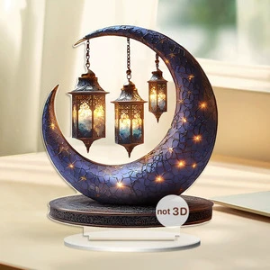 Muslim Eid Al-Fitr Religious Mirror Gold Crescent Moon Star Lights Hanging Acrylic Decoration Ramadan Gifts Party Supplies