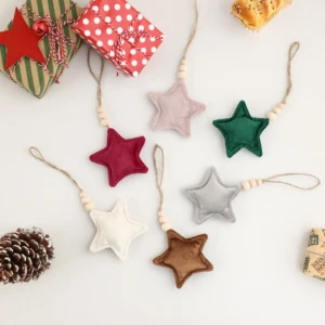 Luxury Soft Velvet Star Christmas Ornaments With Wooden Beads Boho Xmas Tree Hanging Decorations 10cm Small Padded Stars