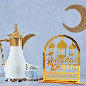 Eid Mubarak Ornament Ramadan Kareem Hollow Decoration Gold Moon Star Acrylic Desktop Decoration for Muslim Festival Supplies