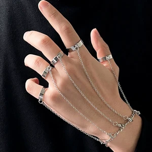 Punk Style Five Finger Connected Bracelet Silver Color Stainless Steel Hip Hop Finger Chain Bracelet Ring for Men Women
