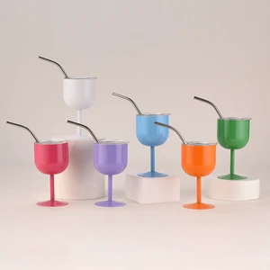 304 Stainless Steel Stemmed Wine Tumbler With Straw, Double Wall Insulated Goblet, Reusable Cocktail Glass For Party & Gift