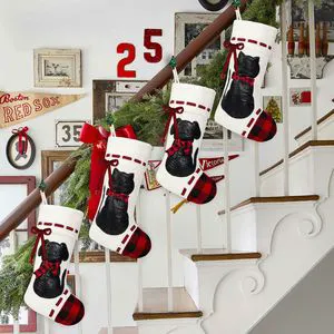 Personalized Polyester Pet Christmas Stockings Rustic Buffalo Plaid Dog Cat Silhouette Farmhouse Holiday Mantel Decor