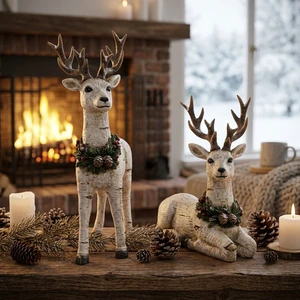 Set Of 2 Resin Birch Reindeer Figurines, White Christmas Deer With Wreaths, Holiday Decor, B2B Wholesale Supply