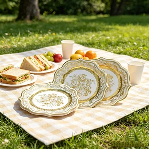 Wholesale Elegant Vintage Gold-Embossed Flower Paper Plate Food Grade Eco-Friendly Tableware for Party