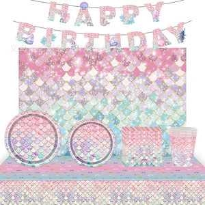 Brand New Mermaid Party Tableware & Decorations Fish Scales Party Supplies Tablecloth Balloon Paper Plate Suit