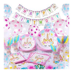 Unicorn Party Decorations Supplies Set (Serves 16) Cake Plates Cups Napkins Tablecloth Paper Disposable Tableware Globos