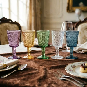 Vintage Embossed Glass Goblets Multi-Colored Handmade Dahlia Patterns Durable and Stylish Wine Glasses for Parties