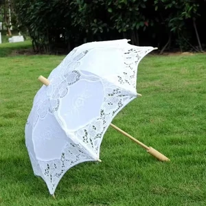 White Wooden Handle Lace Craft Wedding Umbrella Straight Pattern Decorative Accessory Bridesmaids European Manual Party Use